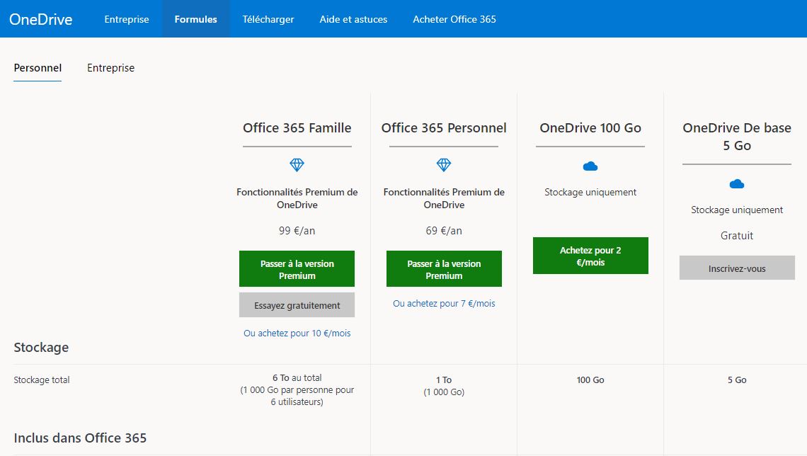 stockage en nuage forfaits onedrive